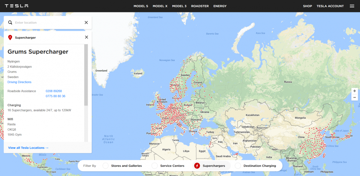 Karta över Teslas SC-stationer i Europa.