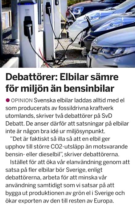 Elbil Sverige kommenterar artikeln i SvD ”elbilar sämre för miljön än bensinbilar”