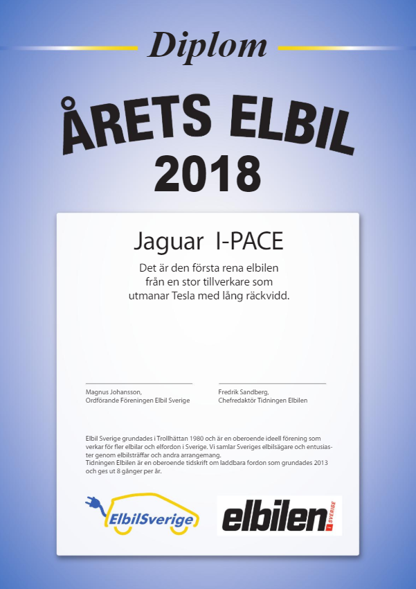 Jaguar I-PACE blev Årets Elbil 2018