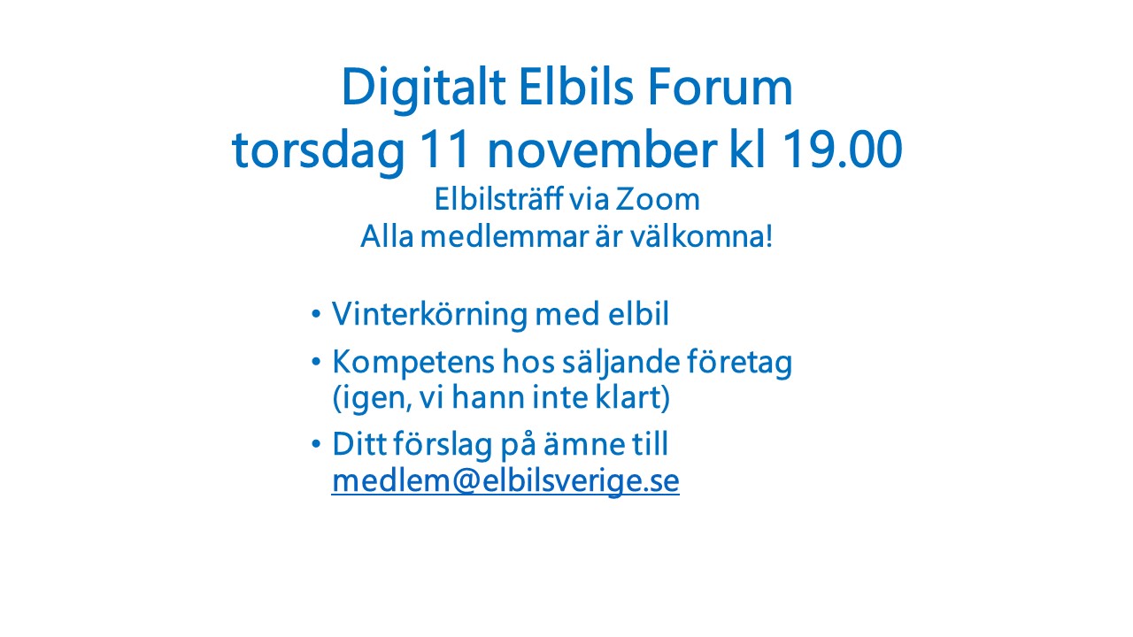 DigitaltElbilsForum 11 november kl 19.00