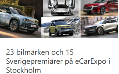 Kom till eCarExpo Stockholmsmässan Älvsjö 4-6 april